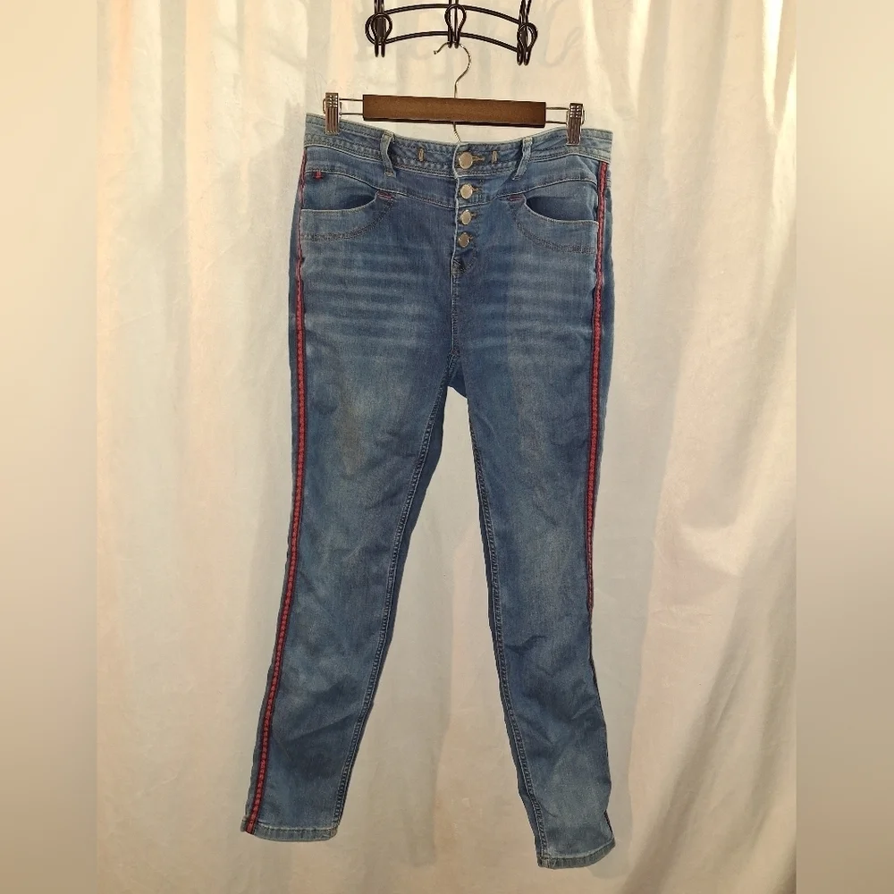 Red and Blue Skinny Jeans with Sporty Stripes